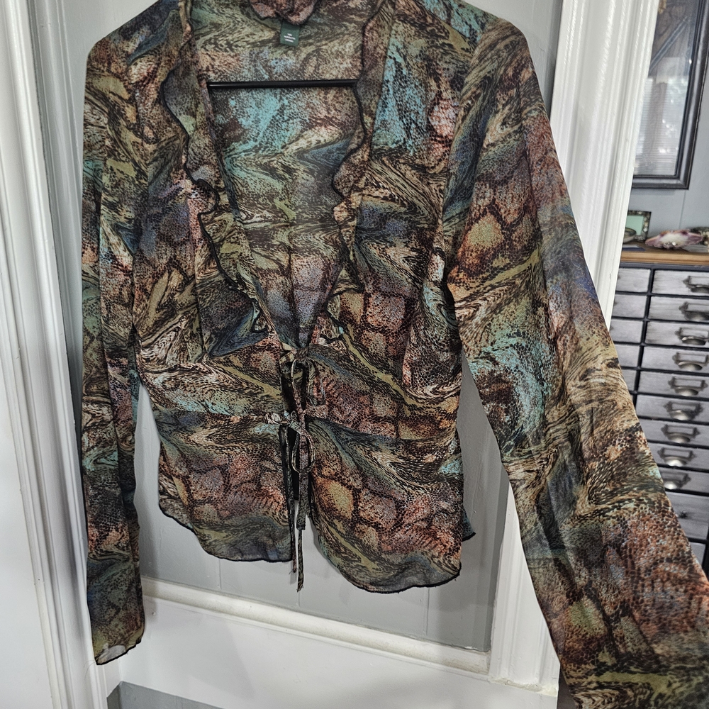 Sheer Multicolor Tie-Front Blouse